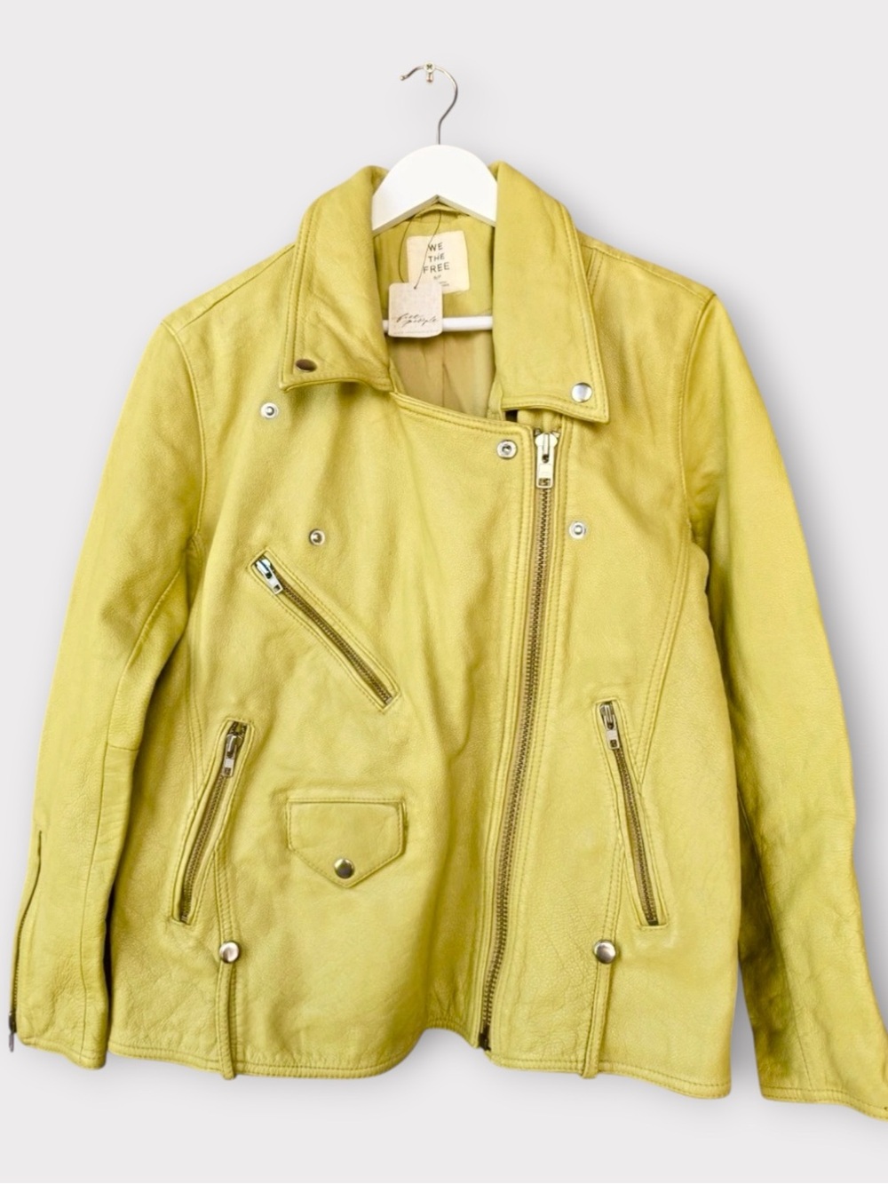 NWT Free People We The Free Jealousy Chartreuse Leather Moto Jacket Sz M